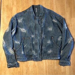 Free People Distressed Denim Jacket Cotton with  Zipper & Snap Pockets - SZ S